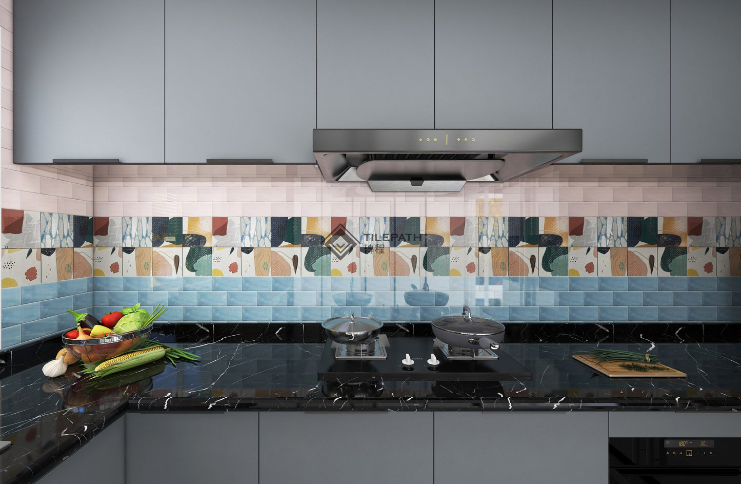 淺藍灰色波浪邊磚A (亮光面) 效果圖